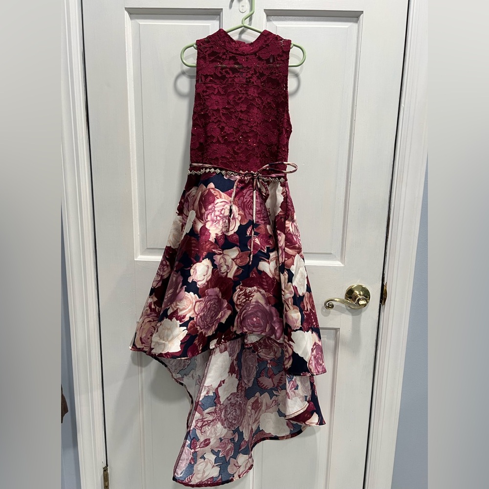 SPEECHLESS Lace Floral Jewel Waist Sleeveless High Low Mikado Dress SIZE 8 GIRLS